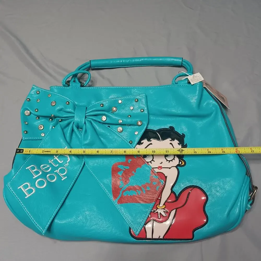 Betty Boop Teal Faux Leather Handbag Oversized Rhinestone Bow Satchel